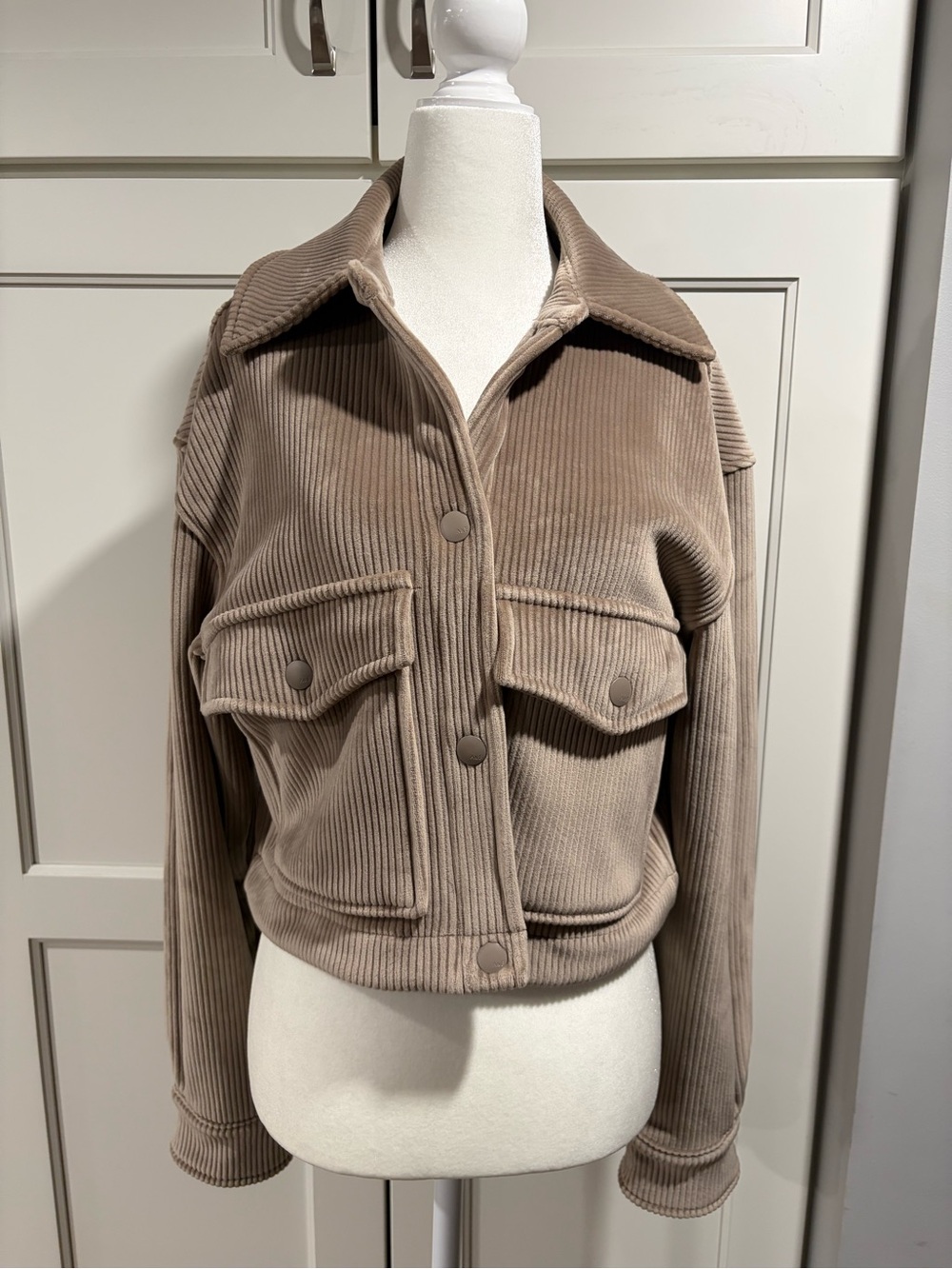 Cropped Corduroy Velour Button-Front Jacket in Taupe from Ambercrombie & Fitch